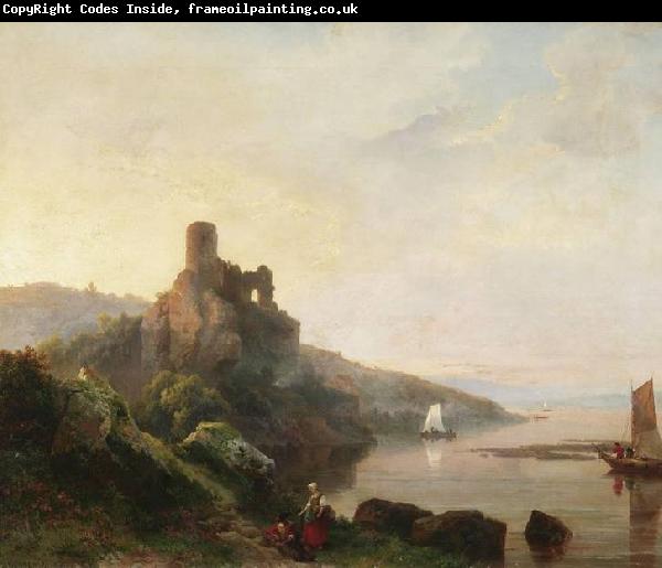 Pieter Lodewyk Kuhnen Romantic Rhine landscape with ruin at sunset. Painting